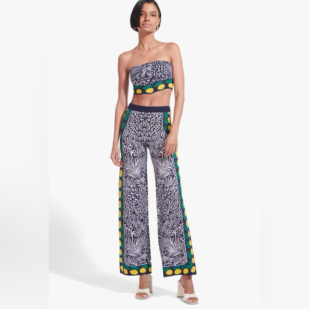 STAUD Black & White Wide-Leg Printed Pants with Green & Yellow Trim